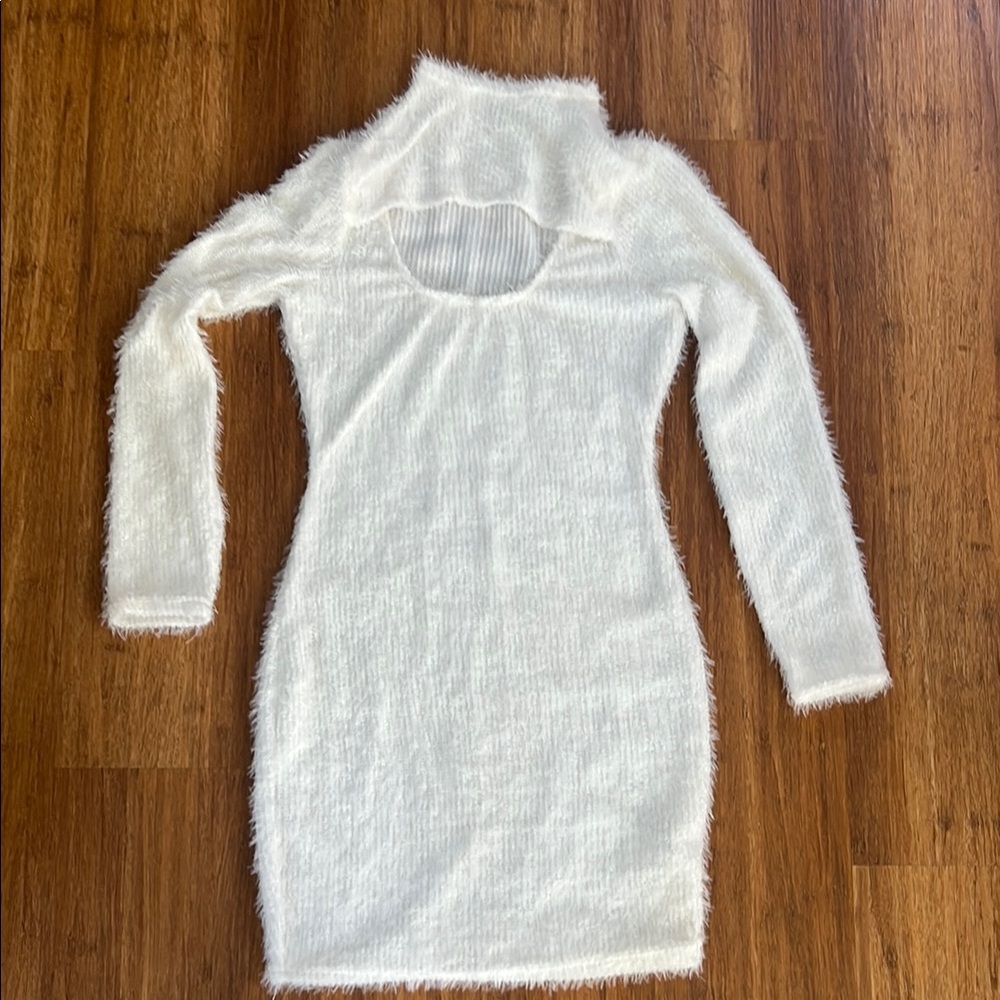 Elegant White Fuzzy Knit Dress